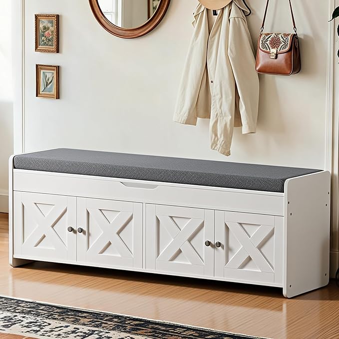 Amada Shoe Storage Bench, 47.2" Long Entryway Bench with Cushioned Seat & Lift Top Storage, 4 Doors, Adjustable Shelf, 300 lbs Capacity, Bench with Shoe Rack for Entryway, Bedroom, Living Room, White
