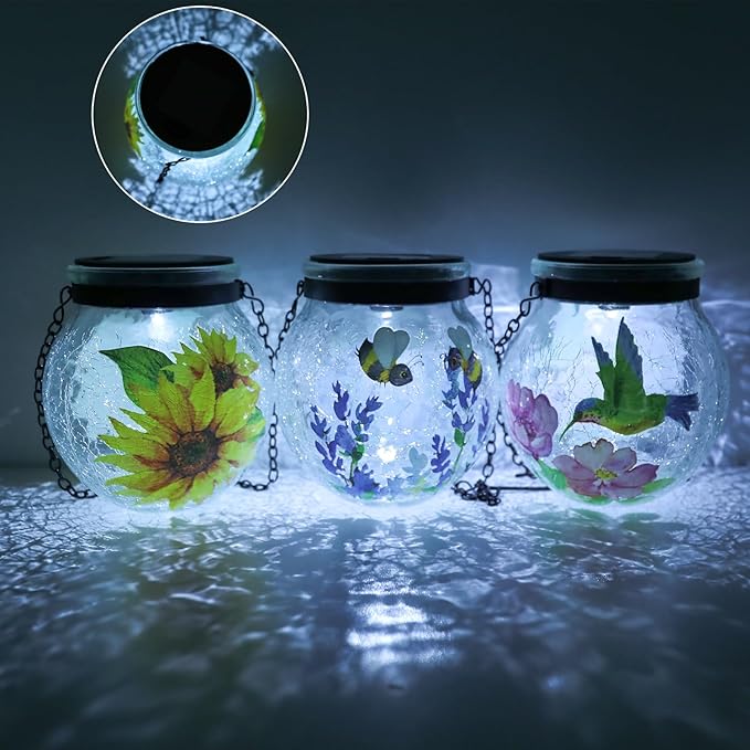 WONDER GARDEN Solar Lanterns Outdoor Waterproof, 3 Pack Hanging Solar Lights Decorative, Sunflower Hummingbird Bee Glass Garden Lantern Light for Yard Outside Patio Outside Decor Gift, White Light
