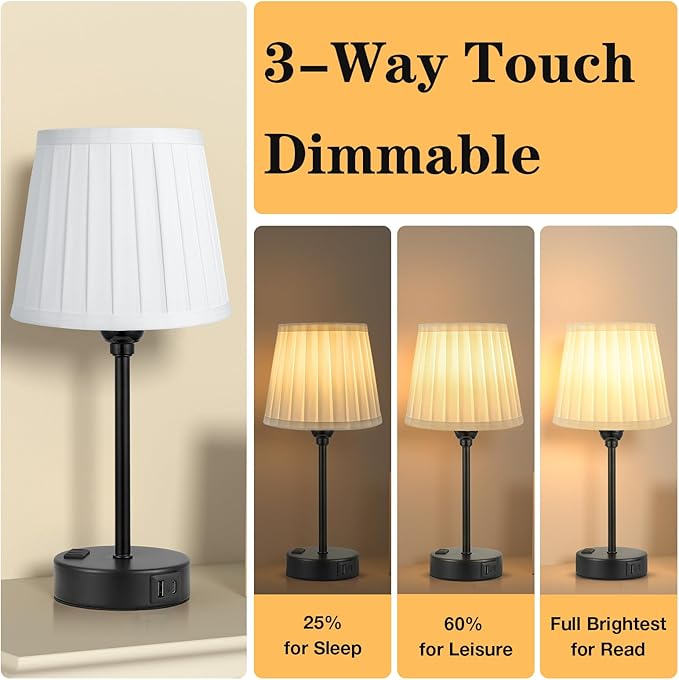 Acaxin White Bedside Lamps for bedrooms Set of 2 - White Pleated Lamp Shade with USB Charging Ports, Touch Lamps for Nighstand, Night Stand Lamp for Dorm/Office/Living Room/Class Room