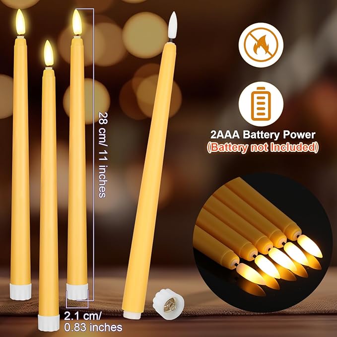 Macarrie 24 Packs Flameless Taper Candles Battery Operated Fake 11 Inch Long Candlelight LED Flameless Candlesticks Flickering Tapered for Spring Summer Wedding(Yellow)