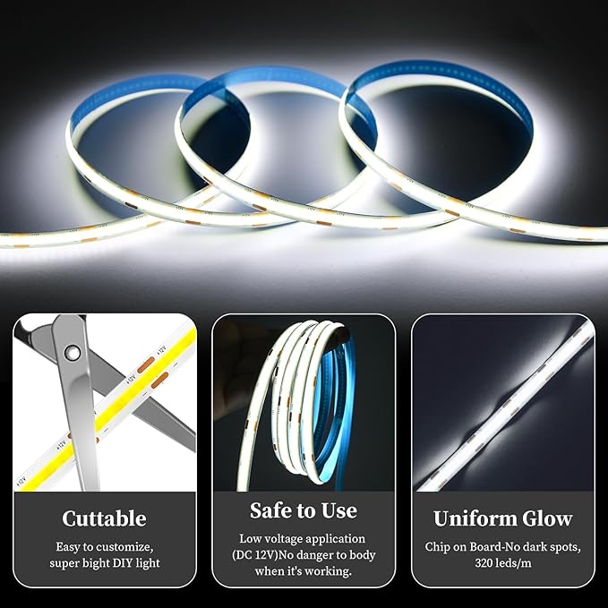 iNextStation 16.4ft/5M 6000K White COB Light Strip, DC12V CRI 93+ LED Strip Light, 8mm Width LED Tape Lights, Flexible LED Light TV Backlight, Outdoor, Bedroom, Mirror, Home Lighting Decor(No Plug)