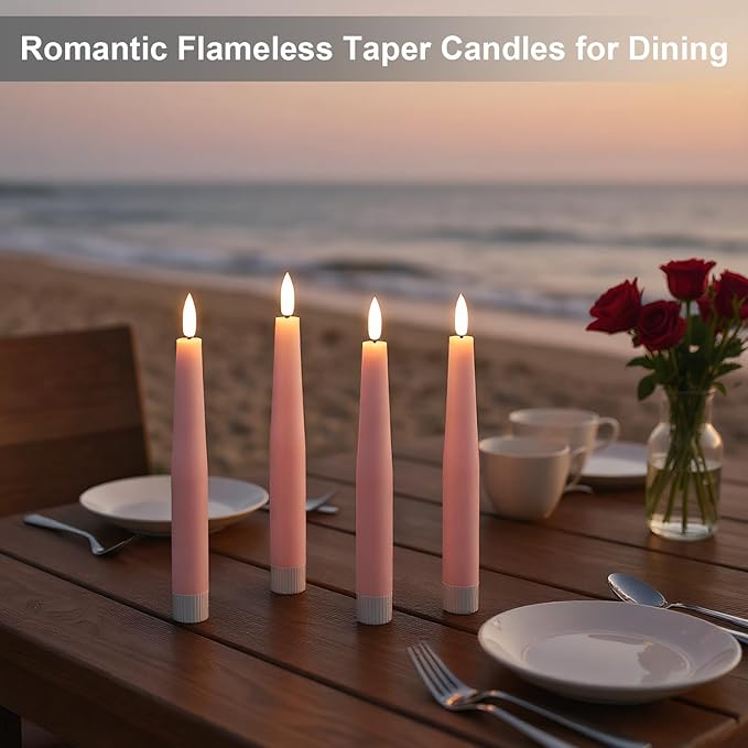 Pink Flameless Taper Candles, Spring LED Flickering Taper Candles Battery Operated with Remote Timer, 4 Pcs Flameless Candlesticks for Spring Wedding Home Decorations(D0.78” x H8.1”)