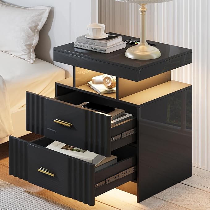 Nightstand with Wireless Charging Station,Set of 2 Bedroom Bedside Table with RGB Lights, Smart Night Stand with 2 Drawers, Bedside Tables Modern Bedside Table for Bedroom, Living Room(Black)