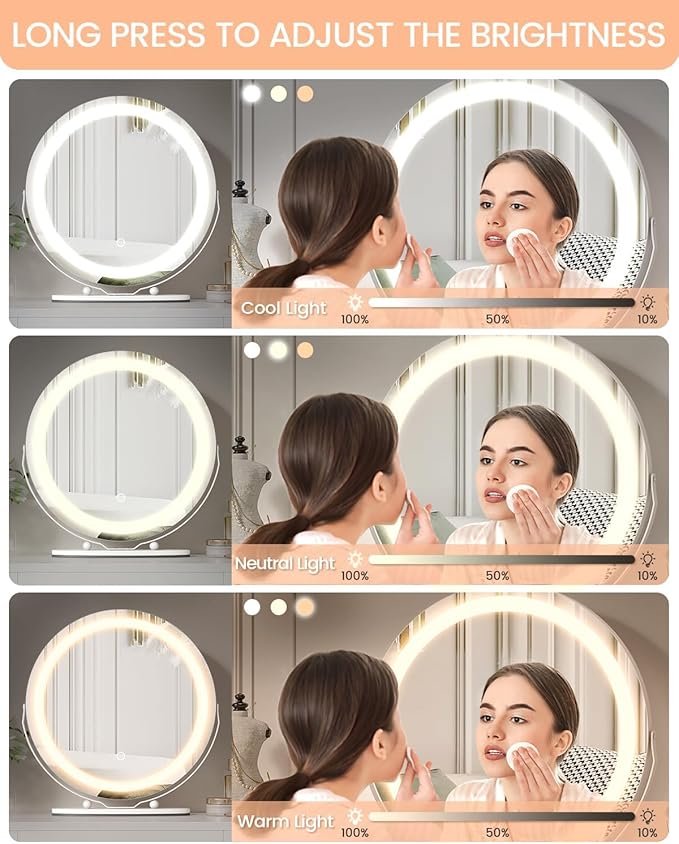 IDEALHOUSE 19 inch Makeup Mirror with Lights, Vanity Mirror with Smart Touch Control 3 Colors Dimmable Lights, 360°Rotation White Vanity Mirror for Bedroom, Tabletop and Desk Mirror