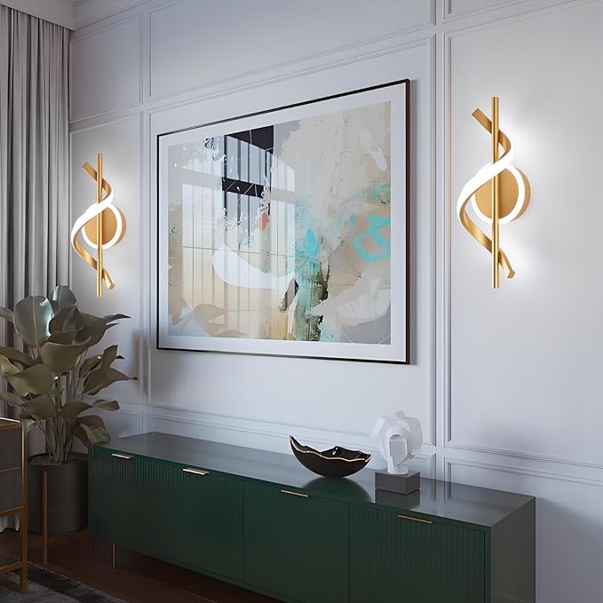 LED Wall Sconces Indoor, 12W LED Wall Mount Lights, Modern Spiral Wall Lamp, 6000K Cold Light Fixture for Stairs, Living Room, Bedroom, Aisle, Hallway (Cold White, Gold)