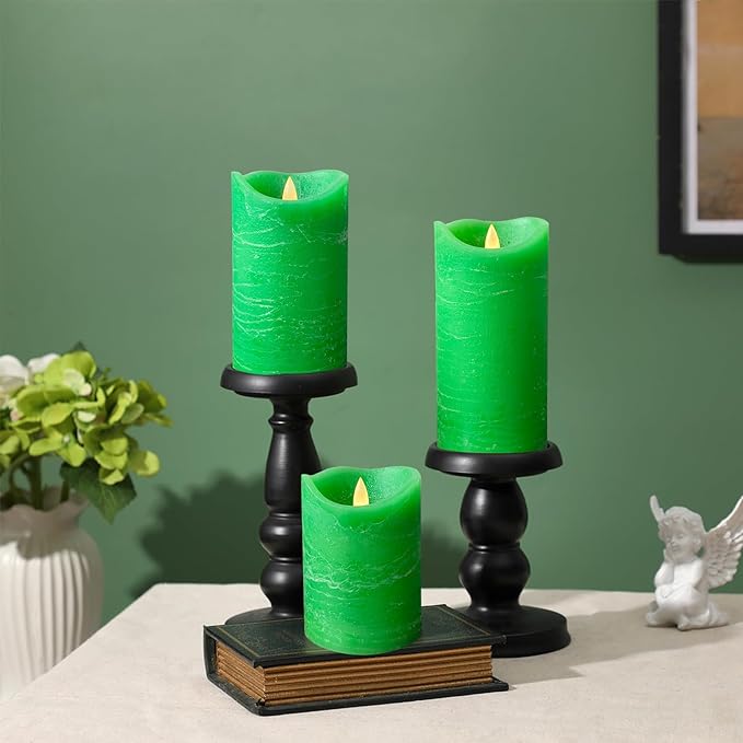 Real Wax Flameless Candles Set of 3 (D 3" x H 4" 5" 6") Battery Operated LED Candle with Timer Home Decorative Pillar Flickering Lights,Wedding Party Events Decor,Green
