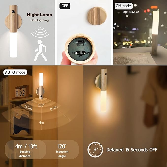 Battery Operated Wall Sconce Cordless LED Wall Light with Motion Detection Indoor USB Rechargeable Night Light Wood Stick Magnet Wall Lighting Fixtures with Switch Small Portable Cabinet Lights