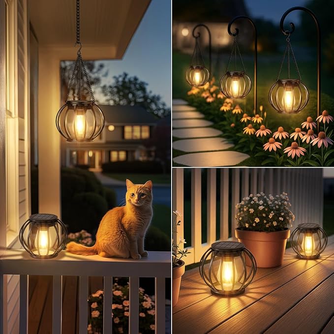 Solar Lanterns Outdoor Waterproof 2-Pack: Thicken Metal Hanging Solar Lights for Outside - 12H Long Lasting Bright Warm White Lighting Auto On/Off - Garden Patio Yard Porch Tree Table Vintage Decor