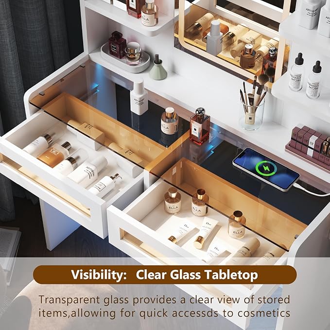 Vanity Desk with LED Lights Mirror & Power Outlet, Transparent Top Vanity with 2 RGB Drawers, 3 Lighting Modes & Adjustable Brightness, Dressing Table for Women Girls Bedroom, White