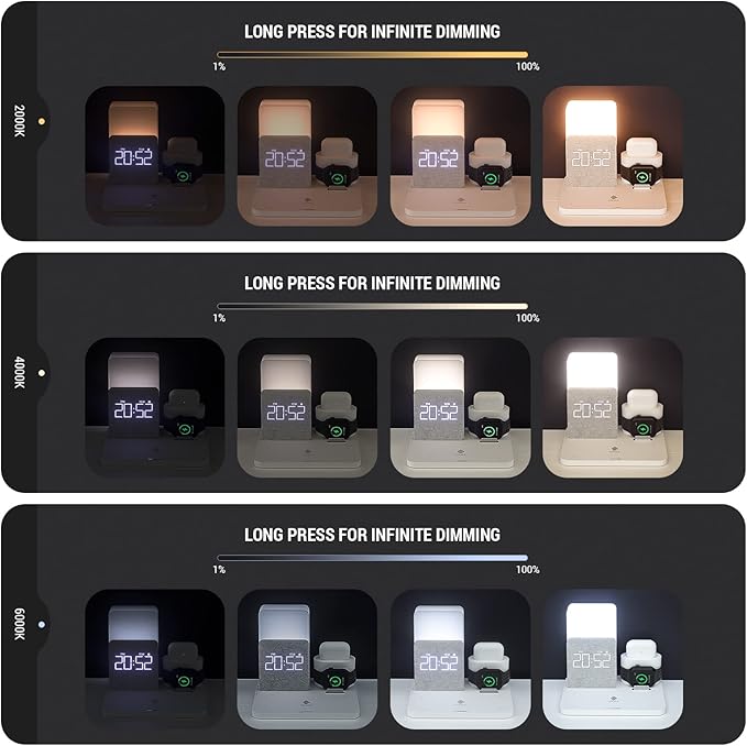 Wireless Charging Station, iPhone 3 in 1 Fast 15W Wireless Charger with Alarm Clock and Night Light, Charging Dock for iPhone 12/13/14/15/16/17 Pro/Pro Max, Samsung, AirPods