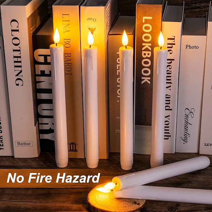 Homemory 3 Pcs Flameless Taper Candles with Remote Timer Dimmer, 9.6" White Flickering Candlesticks Battery Operated, Realistic Plastic LED Candles for Fireplace Wedding Seasonal Indoor Decorations