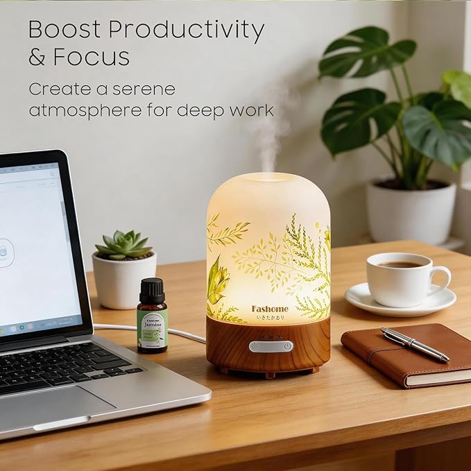 Essential Oil Diffuser Hand Blown Glass, 100ml Small Aromatherapy Diffuser, Auto Shut-Off Function, Ultrasonic Diffusers for Essential Oils, Cool Mist Humidifier with Warm White Lights