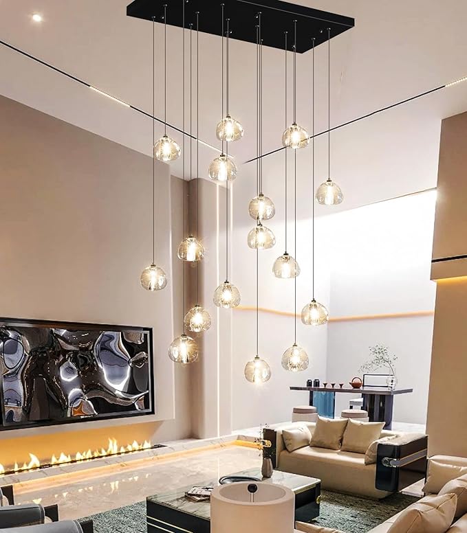 W27.6 x D11.8 x H118 Rectangular Glam Chandelier Bubble Crystal Ceiling Pendant Lights Dimmable High Ceiling Chandeliers Fixtures Adjustable Long Lights Black