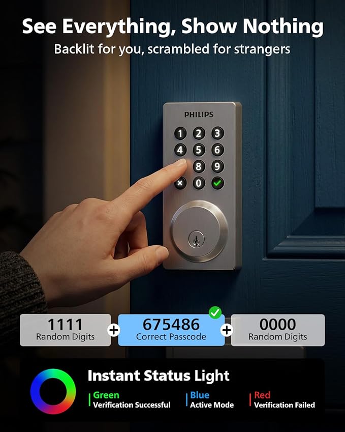 Philips WiFi Smart Keypad Deadbolt Lock, App Remote Control, No Hub Required, Support Alexa & Google Assistant, Keyless Entry Door Lock with Auto Lock, Digital Smart Locks for Front Door, Satin Nickel