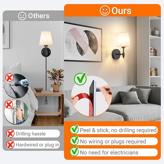 Peel and Stick Wall Sconces, No Drilling Stick On Wall Sconce, Wireless Battery Operated Wall Lights, Adhesive Wall Lamp with 10000mAh Battery Bulb for Bedroom Living Room Decor