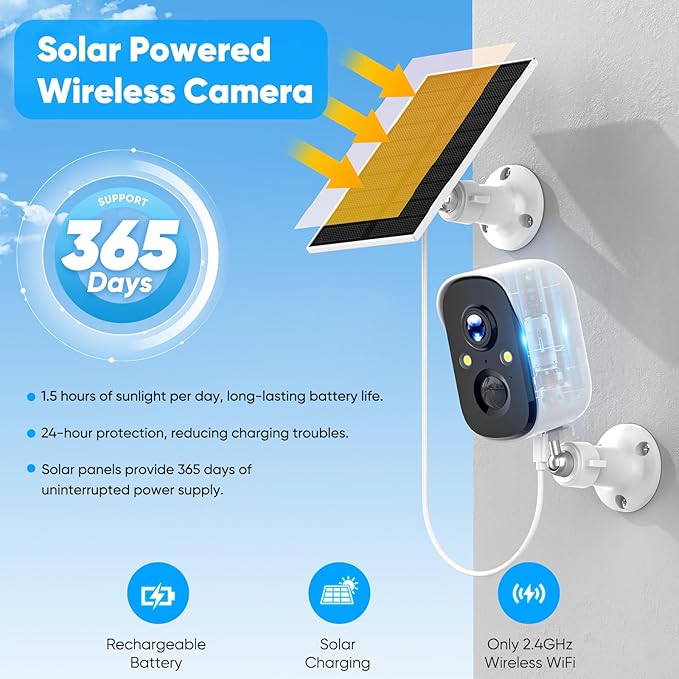 Solar Security Cameras Wireless Outdoor, 2K Solar Camera Wireless for Home, Color Night Vision, PIR Motion Detection, IP66 Waterproof, Cloud Storage/SD Card, Instant Alerts,2.4GHz WiFi (Black)