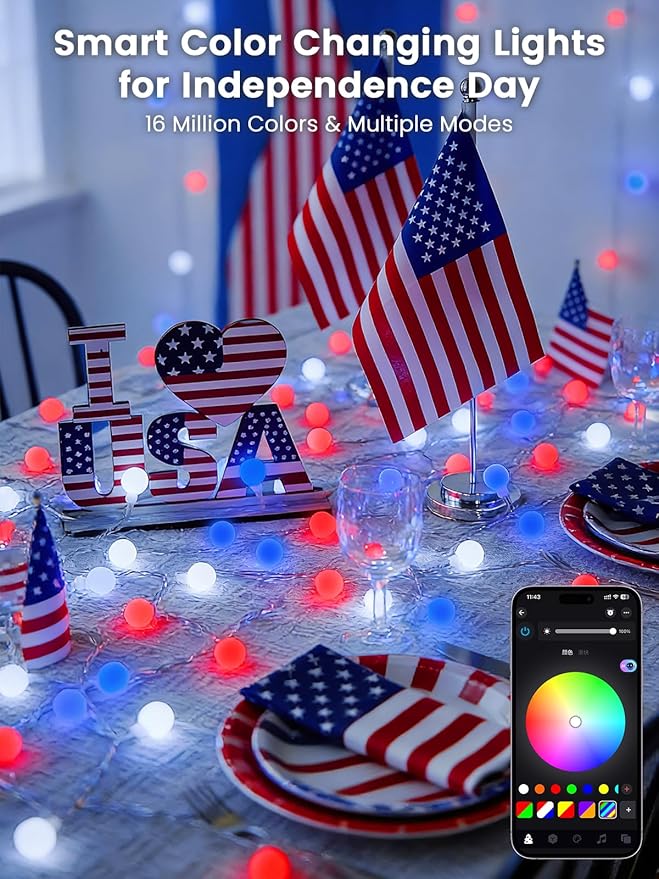 2026 46ft Smart Color Changing Red White and Blue String Lights Outdoor Indoor | 100LED 4th of July Decorations App Control with Remote, Globe Patriotic Light Plug in for Independence Day Memorial Day