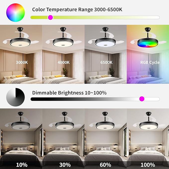 42'' Retractable Hanging Fan with Lights, Smart Fan Light with Bluetooth Speaker, App Control for Dimming & RGB Color Change Reversible Bedroom Living Room