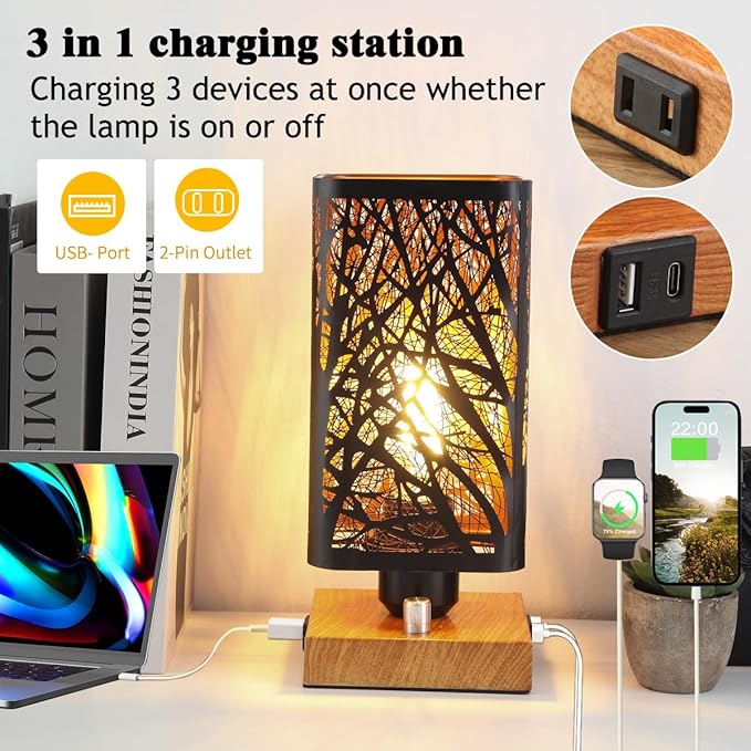 Industrial Table Lamp with USB Ports and Outlet, Rustic Dimmable Bedside lamp with Charging Station, Metal Square Shadow Nightstand Lamp, Night Light for Kids Bedroom Living Room End Tables