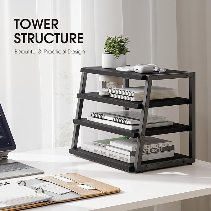 Fenge Desk Shelf Organizer, 4 Tier Desktop Shelf, Wood and Metal Office Shelves, Corner File Organizer for Office Supplies, Top of Desk Organizers and Accessories