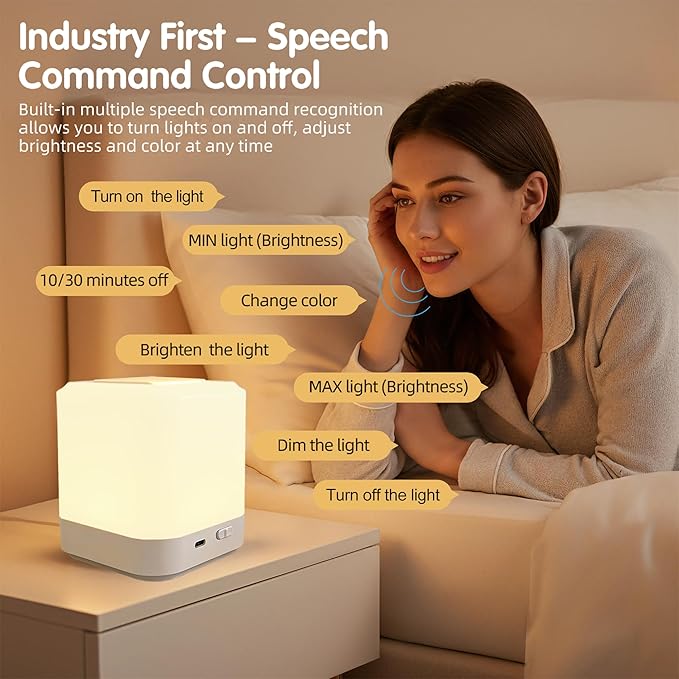 Touch Lamp for Nightstand,Speech Control Bedside Lamp Touch Control for Bedrooms,Smart Rechargeable Night Light,Eye Caring Battery Dimmable Night Lamp for Nursery Kids & Adult