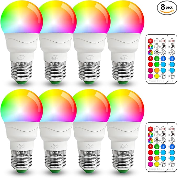 ILC RGB LED Light Bulb, Color Changing 40W Equivalent, Daylight White, 450LM Dimmable 5W E26 Screw Base RGBW, Mood Light Bulb - 12 Color Choices - Timing Infrared Remote Control Included (8 Pack)