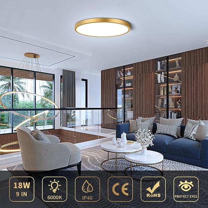 9Inch LED Flush Mount Ceiling Light Fixture, 18W(180W Equivalent), 1800LM, 6000K Cool White, IP40, Flat Modern LED Ceiling Lights for Bedrooms, Living Rooms, Bathrooms, Stairwells, etc.(Gold)