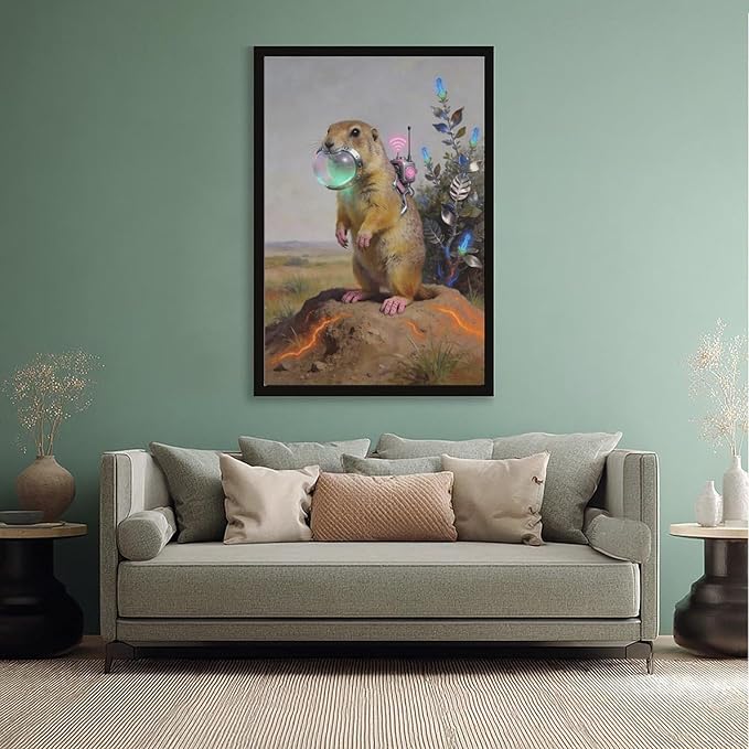 Framed Steampunk Mechanical Prairie Dog Wall Art - Retro-Futuristic Wilderness Poster for Living Room Game Room Decor 20x30in