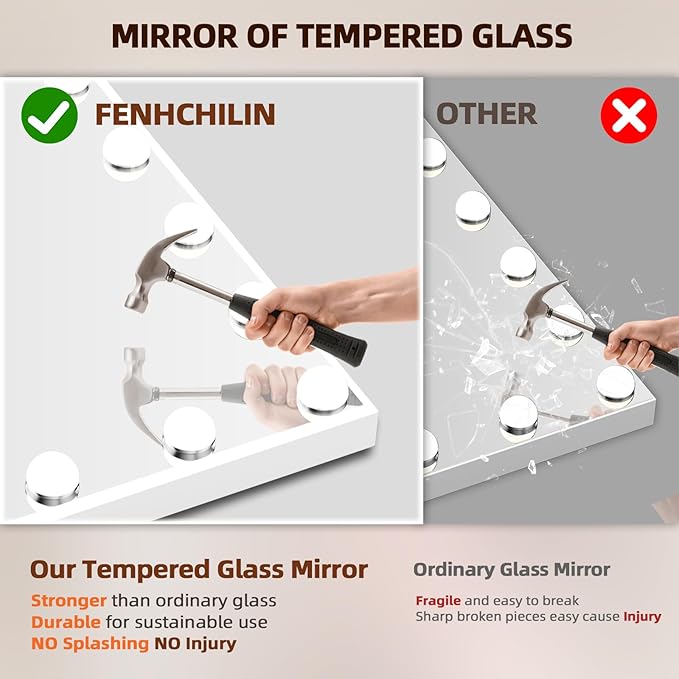 FENCHILIN Vanity Mirror with Lights and Bluetooth Speaker 22.8"x 18.1" Makeup Mirror Lighted Hollywood Mirror with 15 Dimmable LED Bulbs USB Charge Port, 3 Color Lighting Modes