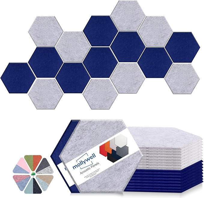 Mollywell Hexagon Acoustic Panels 14x12 - Reduce Echo & Reverb, Noise Blocking Wall Tiles for Home Office & Meeting Room, Navy Blue & Silver Grey Sound Absorbing Panels