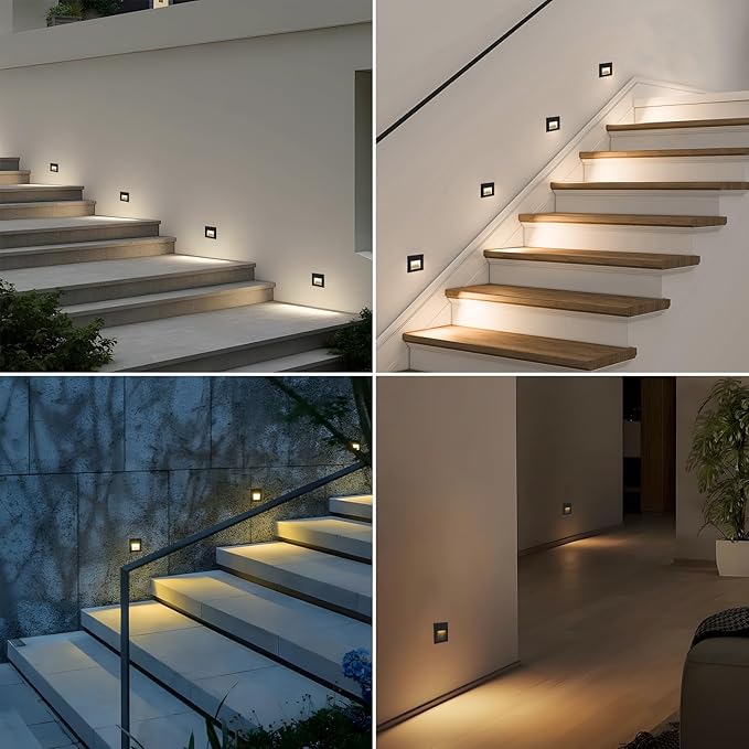 120V Indoor Outdoor Step Lights, Indoor LED Stair Lights Warm White 3000K, IP44 Waterproof Recessed Wall Lights for Stair, Bedroom, Kitchen, Balcony, Aluminum, 8Pack, Black
