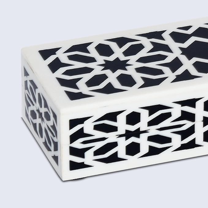 Handicrafts Home Decorative Storage Box with Lid, Black White Shiraz Geometric Pattern Remote Holder, Slim Coffee Table Box, Persian Rosette Lattice Organizer for Shelf & Desk, Shiraz 10x2.5x1.5