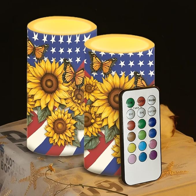 Independence Decorations Indoor Candles with Butterfly Sunflower American Flag Flameless Candles with Remote and Timer Set of 2 Battery Operated LED Candles for Festival Gift Home Room Decor