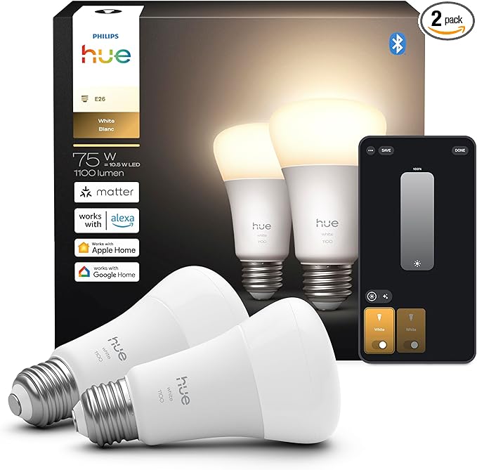 Philips Hue Smart LED A19 Bulb, Warm White Light 2700K, E26 Base, 10.5W, 1100 Lumens, Dimmable, Works with Alexa, Google Assistant, and Apple Home, 2 Pack