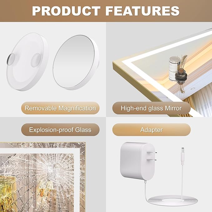 Hasipu Vanity Mirror with Lights, 32" x 24" LED Makeup Mirror, Lighted Makeup Mirror with Dimmable 3 Modes, Touch Screen Control Vanity Mirror Square Gold