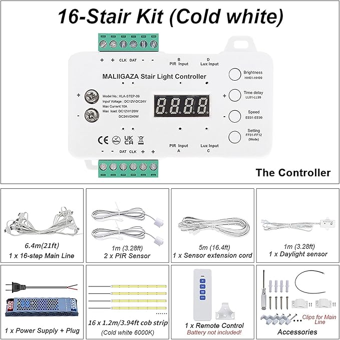 Intelligent Motion Sensor LED Stair Light Kit with Main Wire& Daylight Sensor, Step by Step Control 47.2 Inches Cuttable LED Strip Lights Indoor with Remote (16 Stairs,6000K)
