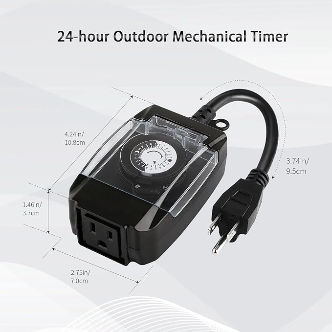 Outdoor Timer Outlet Waterproof, 24 Hour Mechanical Timer Outlet for Home and Garden, Single Grounded, 15A 3/4HP, Black, 1 Pack