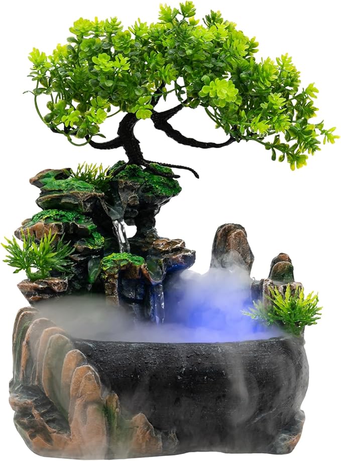Tabletop Rockery Water Fountain Indoor Relaxation Waterfall Bonsai Desktop Ornament with LED Light, Zen Meditation Home Office Bedroom Atomizing Humidifier Desk Decoration