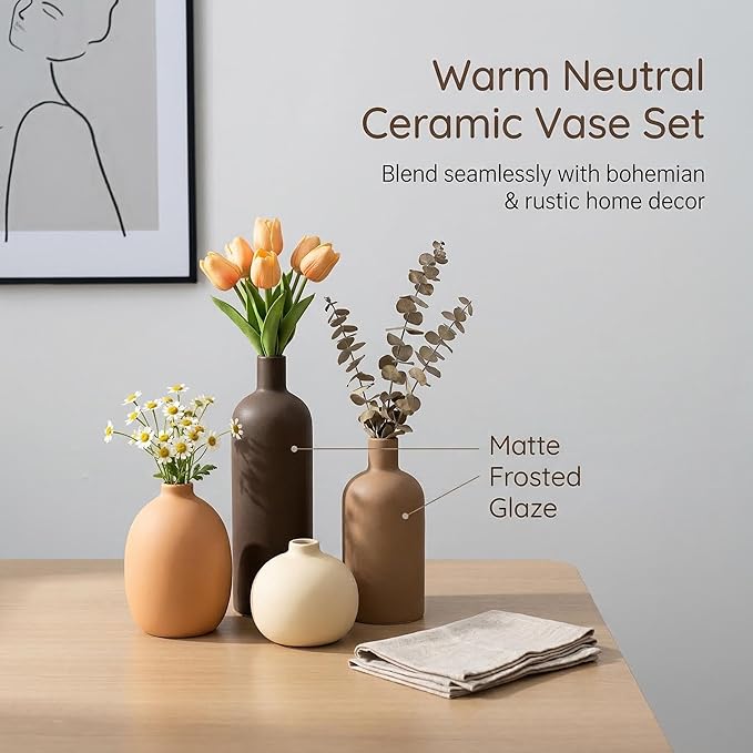 Ceramic Vase Set of 4, Modern Neutral Colors Home Decor, Rustic Farmhouse Decorative Flowers Vases for Bouquet, Pampas | Table Mantel Centerpiece Bookshelf Living Room Bedroom (Neutral Mix Set of 4)