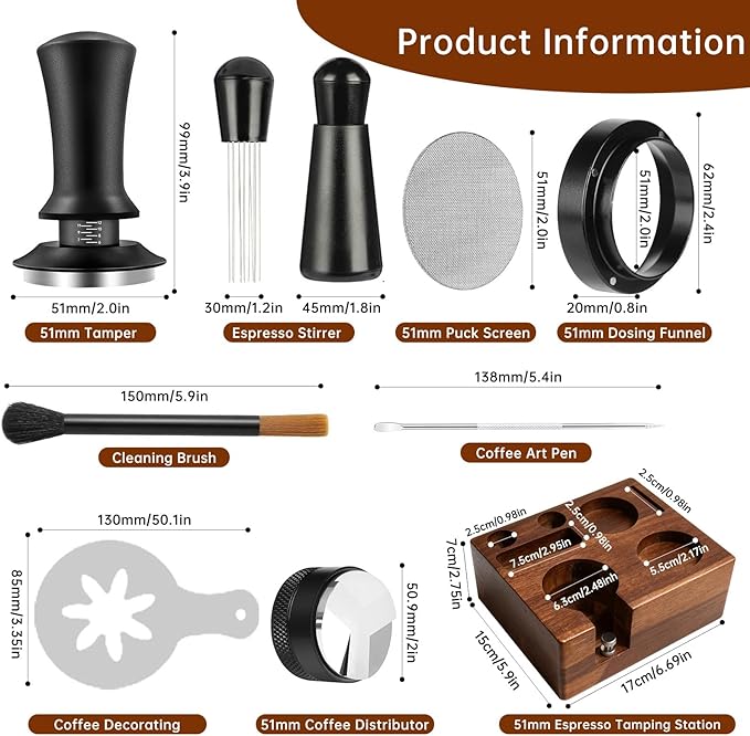 9 Pcs Espresso Accessories Kit, 51mm Espresso Tamper Tools, with Wooden Espresso Tamping Station, Distributor, Stirrer, Dosing Funnel,Puck Screen, Brush, Latte Art Pen and Decorative Stencils
