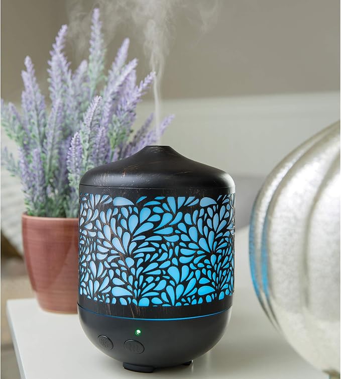 Airome Petal Large Cut Metal Essential Oil Diffuser|250 mL Humidifying Ultrasonic Aromatherapy Diffuser 8 LED Lights, Up to 24 Hours Intermittent & Continual Mist Auto Shut-Off, Black