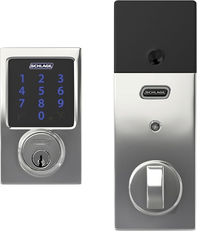 SCHLAGE BE469ZP CEN 625 Connect Smart Deadbolt with alarm with Century Trim in Bright Chrome, Z-Wave Plus enabled, 3 x 8 x 2 inches