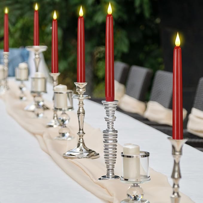 Flameless Taper Candles with Remote Control,3/6/9/12/15pack Plastic LED Candles, Flickering Battery Operated, 9.2'’Classic Tall Candle for Wedding, Party,Christmas,Home Decor (15PACK, Red)