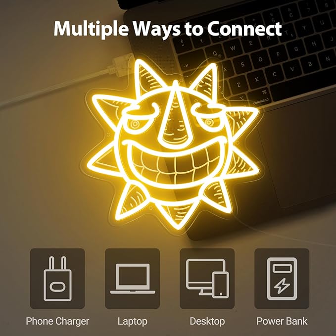 Sun Neon Sign, Yellow Burning Passion Laughing Sun Led Sign for Wall Decor with Remote Dimmer, Retro Vintage Psychedelic Mystic Sun Neon Light for Christmas Bedroom Party Gift - 10''