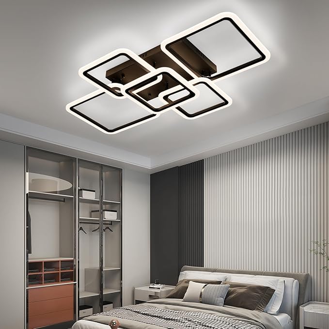 Modern LED Ceiling Light 5-Square Dimmable Black Flush Mount LED Ceiling Light with Remote for Living Room