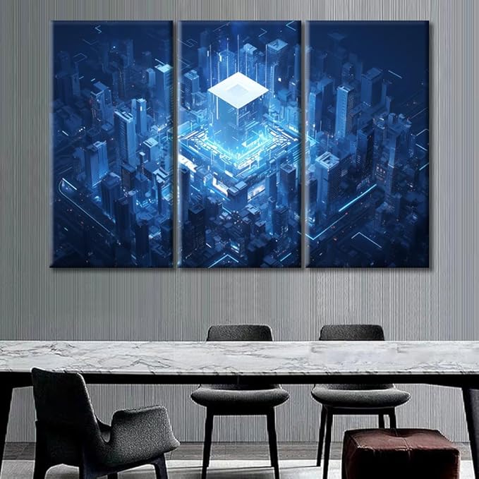 Wall Art for Living Room Large Smart City Painting Framed Abstract Cube Shape Artwork AI Advanced Circuitry Canvas Print for Living Room Bedroom Home Decorations Wall Decor 60"Wx40"H