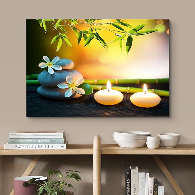 wall26 Canvas Print Wall Art White Daisy Relaxation Massage Stone Candles Nature Wilderness Photography Realism Rustic Landscape Colorful Multicolor for Living Room, Bedroom, Bathroom - 16"x24"