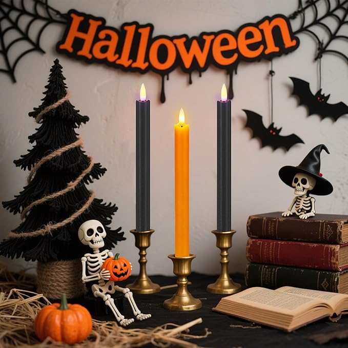 SHENSY Halloween Flameless Taper Candles –6Pack Orange and Black Real Wax LED Candlesticks with 3D Flickering Flame, Battery Operated with Remote & Timer – Spooky Window and Table Decor