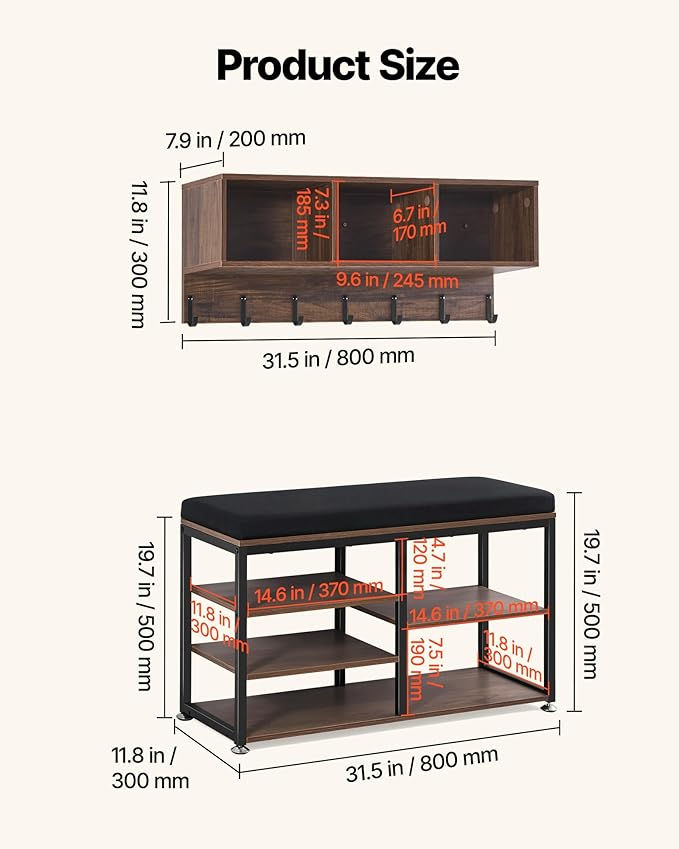 VEVOR Coat Rack with Shoe Bench, 3-in-1 Shoe Coat Rack Combo Set with Hooks and Bookshelf, Steel Frame Hall Tree Entrance Storage Organizer Holder for Entry, Bedroom, Closet, Office, Rustic Brown