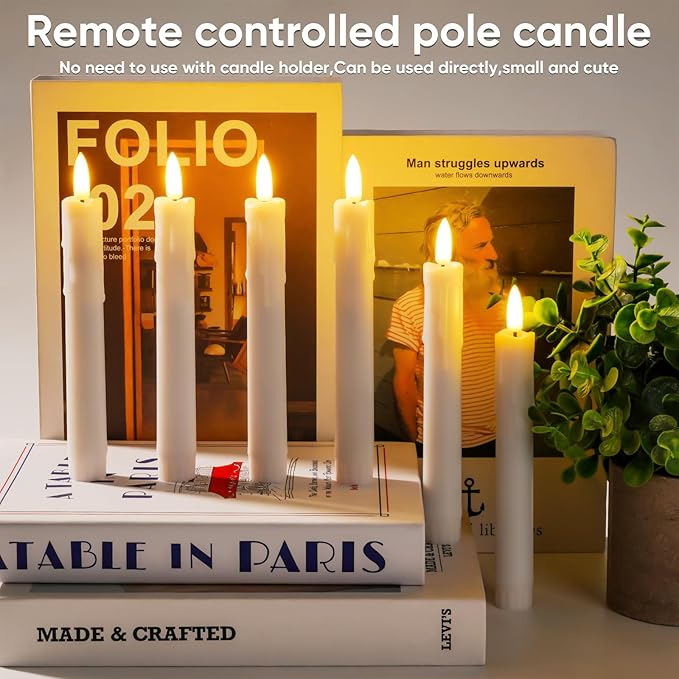 Homemory 7 Inches Flameless Taper Candles with Remote Timer, Short Led Candlesticks with 3D Flickering Light, Battery Operated Candles with Lifelike Flame for Wedding Home Xmas Decor, White, 6 Pcs